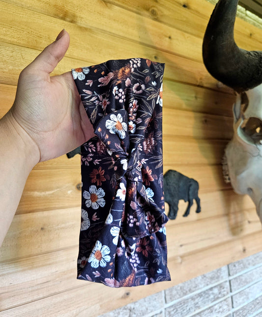 Black Embroidered Floral Faux Bow Headband