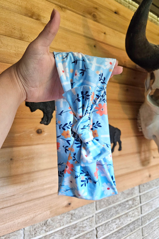 Cross & Blue Floral  Faux Bow Headband