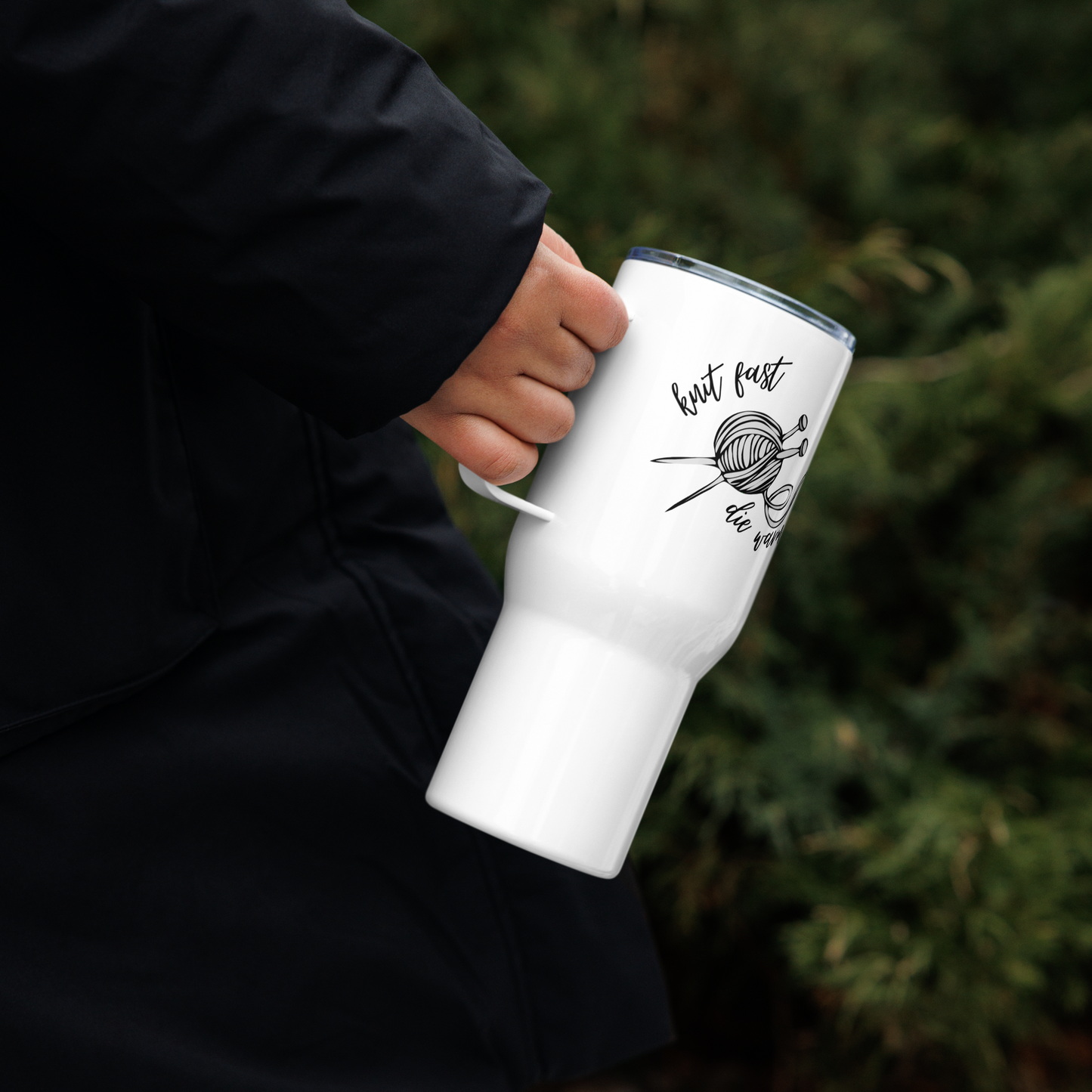 Knit Fast Die Warm - Travel mug with a handle